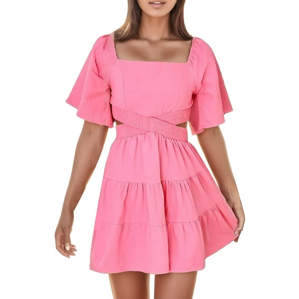 Vestido de mujer con cuello cuadrado y mangas acampanadas - Color liso, sin cintura, falda en capas, mangas cortas