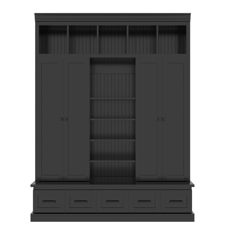 Modern Hall Tree with 4 Doors and 5 Storage Cubbies, Entryway Coat Rack with Adjustable Shelves, Mudroom Bench Storage Organizer Cabinet with 5 Drawers for Living Room