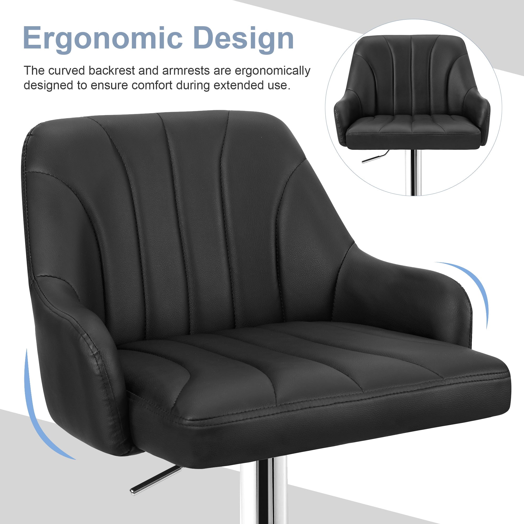 VECELO Set of 2 Swivel Bar Stools, Adjustable Counter Height Barstools Faux Leather Chair with Backrest and Armrest, Black