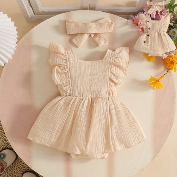 Baby Girls' Fly Sleeve Bodysuit Dress White Romper Dress Headband Toddler Summer Clothes Set 3-6 Months