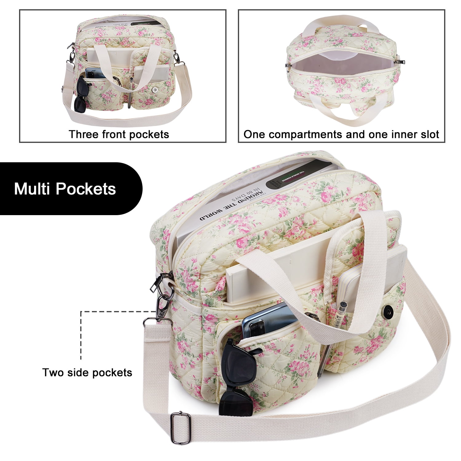 Small Floral Quilted Tote Bag 2-Pack for Women: Multi-Pocket Crossbody & Shoulder Bag for Everyday Use