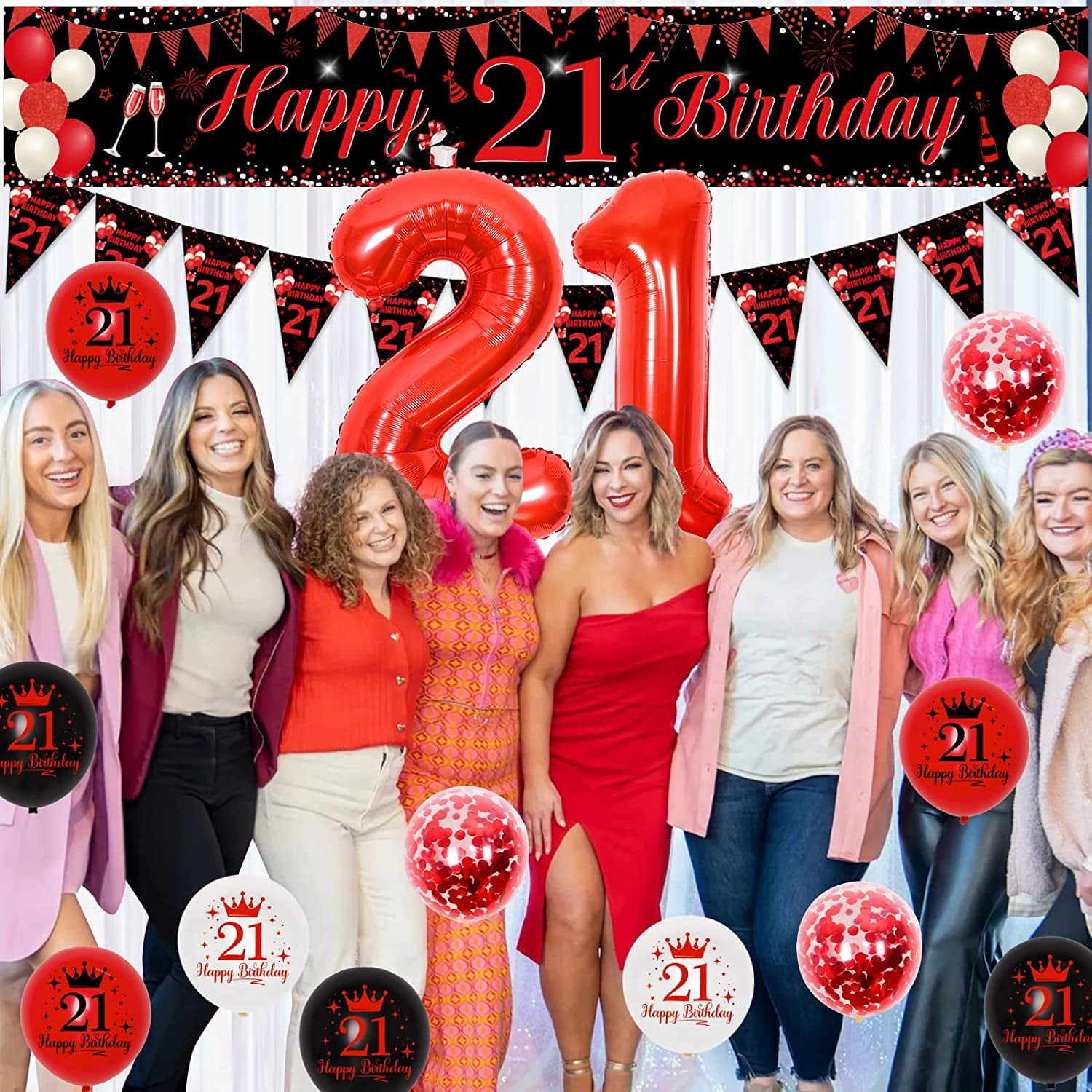 Red and Black 21st Birthday Decorations for Boys Girls, 21 Birthday Party Supplies with Happy 21st Birthday Yard Banner 9.8 x 1.6ft Confetti Foil Balloons Triangle Flag for 21st Birthday Party Decor