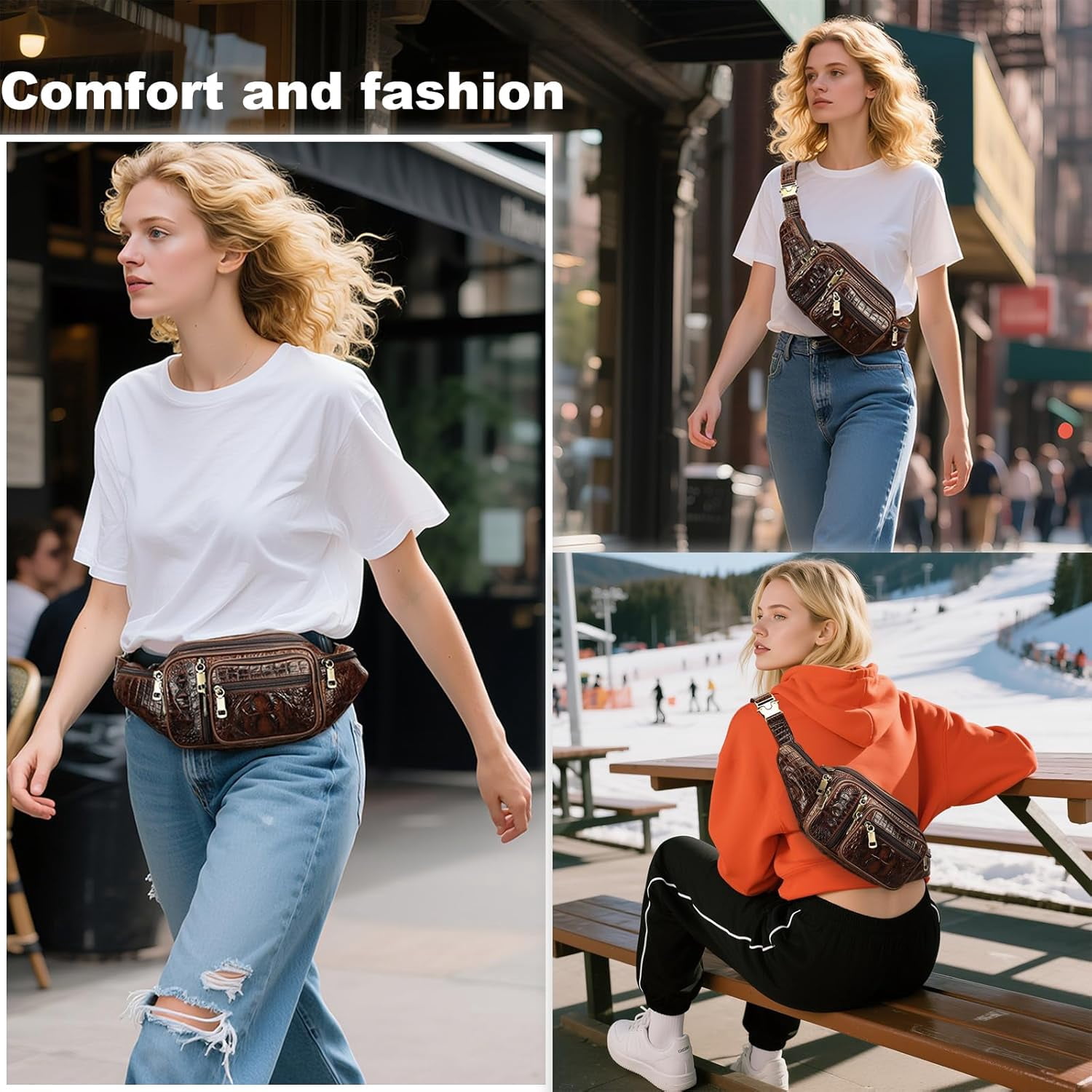 MARRANT Genuine Leather Fanny Pack for Men, Large Capacity Crossbody Waist Bag with Multiple Zipper Pockets, Coffee Croco