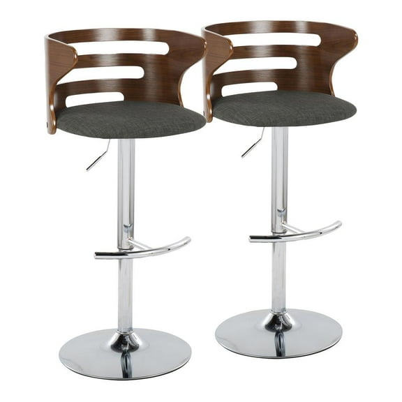 LumiSource Chrome, Walnut Wood, Charcoal Fabric Cosi Adjustable Barstool - Set of 2