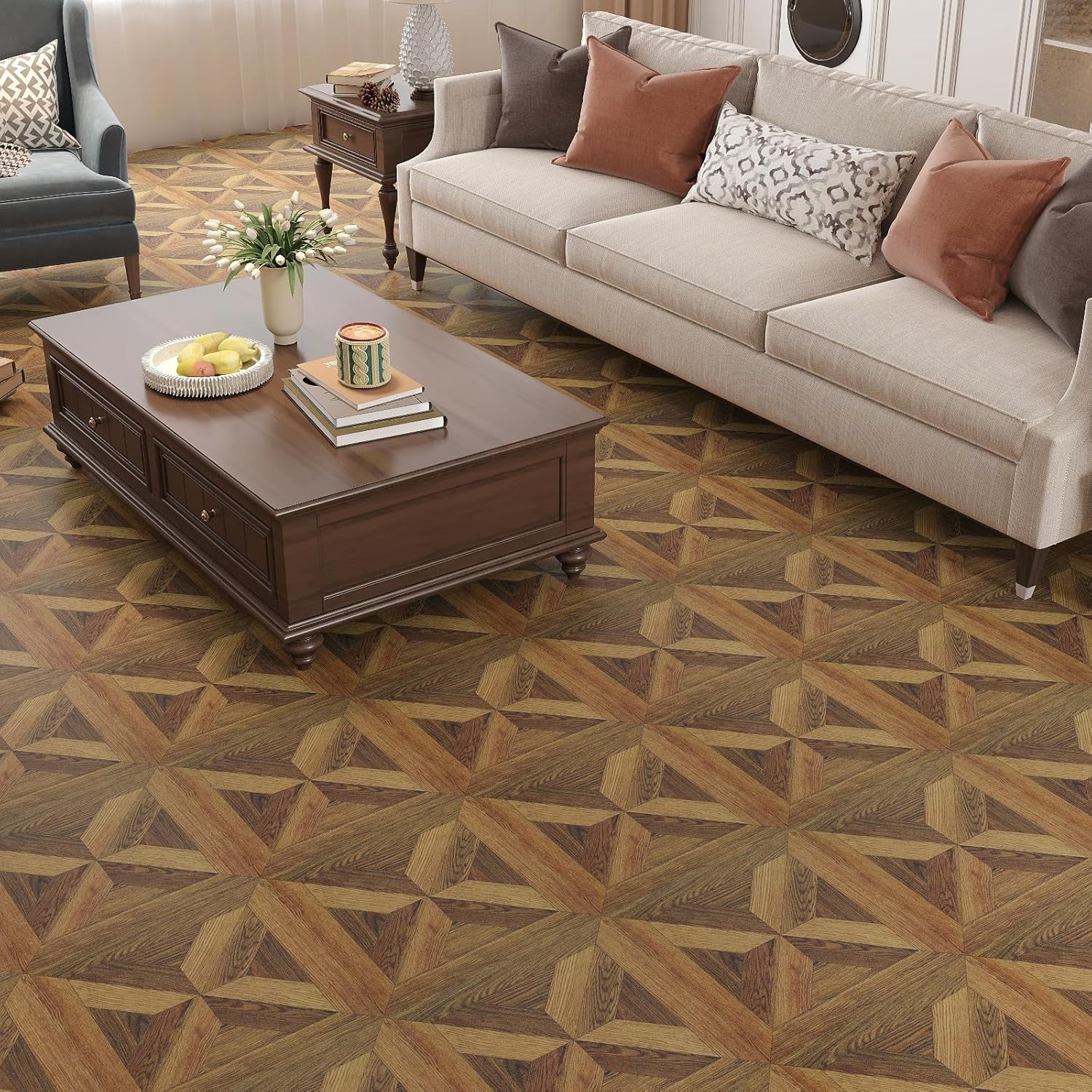 Retro Wood Grain Parquet Peel and Stick Floor Tile Waterproof Linoleum Flooring Roll 12''x118'' Self Adhesive Vinyl Sheet Flooring Tile Sticker for Bathroom Bedroom Kitchen Floor Covering Roll