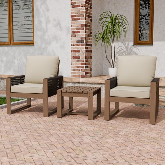 INTER HUT 3 Piece Cedar Patio Outdoor Bistro Sets, Modern Solid Wood Armchairs with Cushion and Side Table, Outdoor Sofa for Garden, Backyard, Beige
