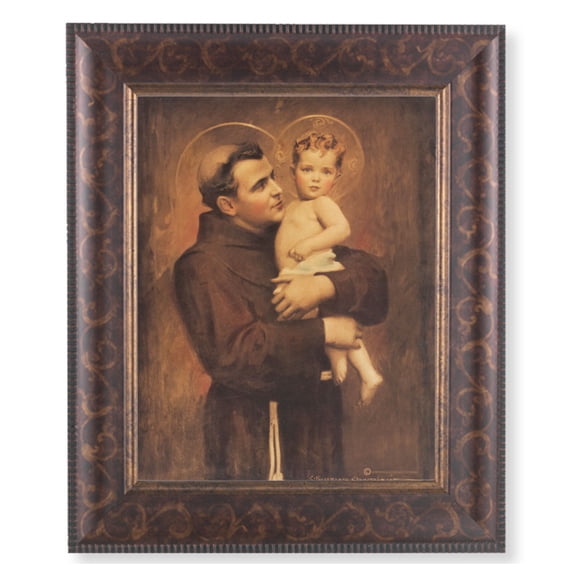 St. Anthony with Jesus Picture Framed Wall Art Decor Large, Antique Gold and Expresso Decorated Frame with Beveled Edge and Gold Lip