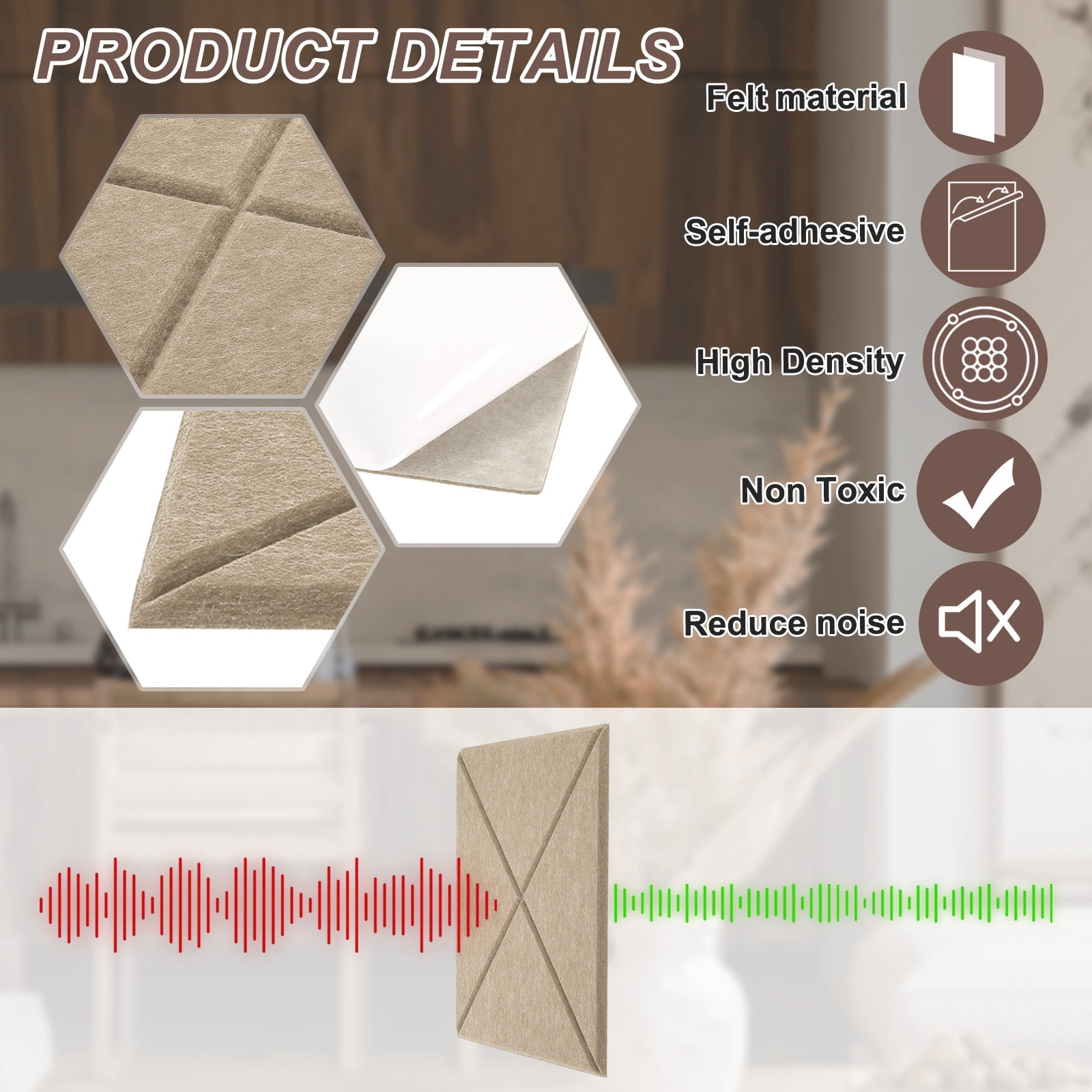 12pcs Adhesive Acoustic Panels Square High-Density Sound Proof Felt Self Stick Non-Slip Anti Vibration Pads Anti-Skid Noise 12 Inch Long x 0.39 Inch Thick, Dark Camel