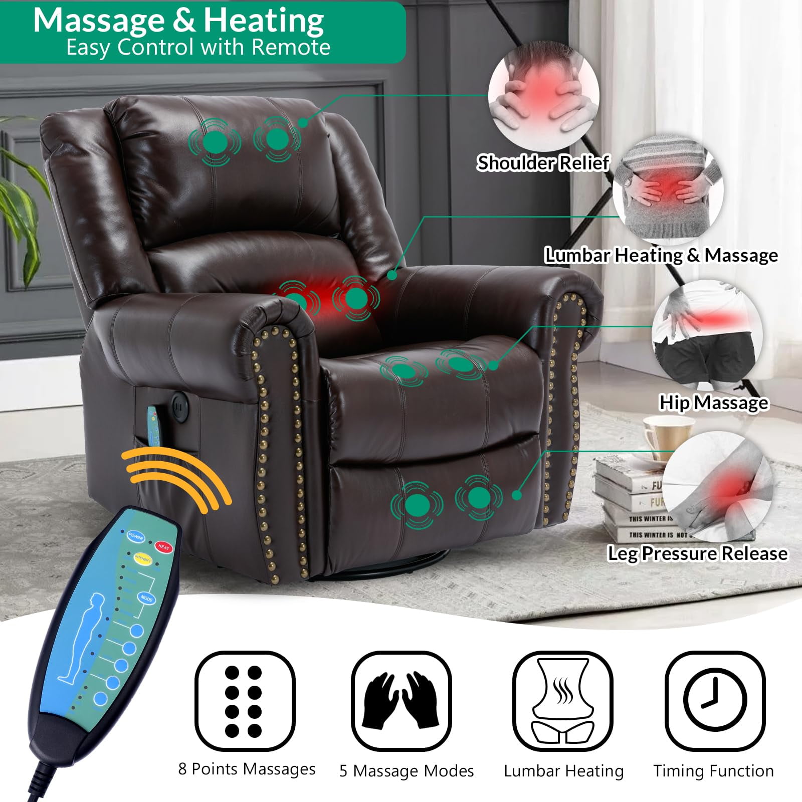 VIVIJASON Massage Swivel Rocker Recliner Chair with Heat & Vibration, 360° Swivel Manual Glider Rocking Reclining Chair with 2 Remote Controls, Side Pockets & USB Ports for Living Room, Brown