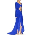 thumbnail image 5 of Lovskoo Women's Maxi Dress Ruffle Hem High Slit Dress Long Sleeve Cut Out Dress Solid Color Off The Shoulder Bodycon Wrap Cocktail Maxi Dress Blue, 5 of 7