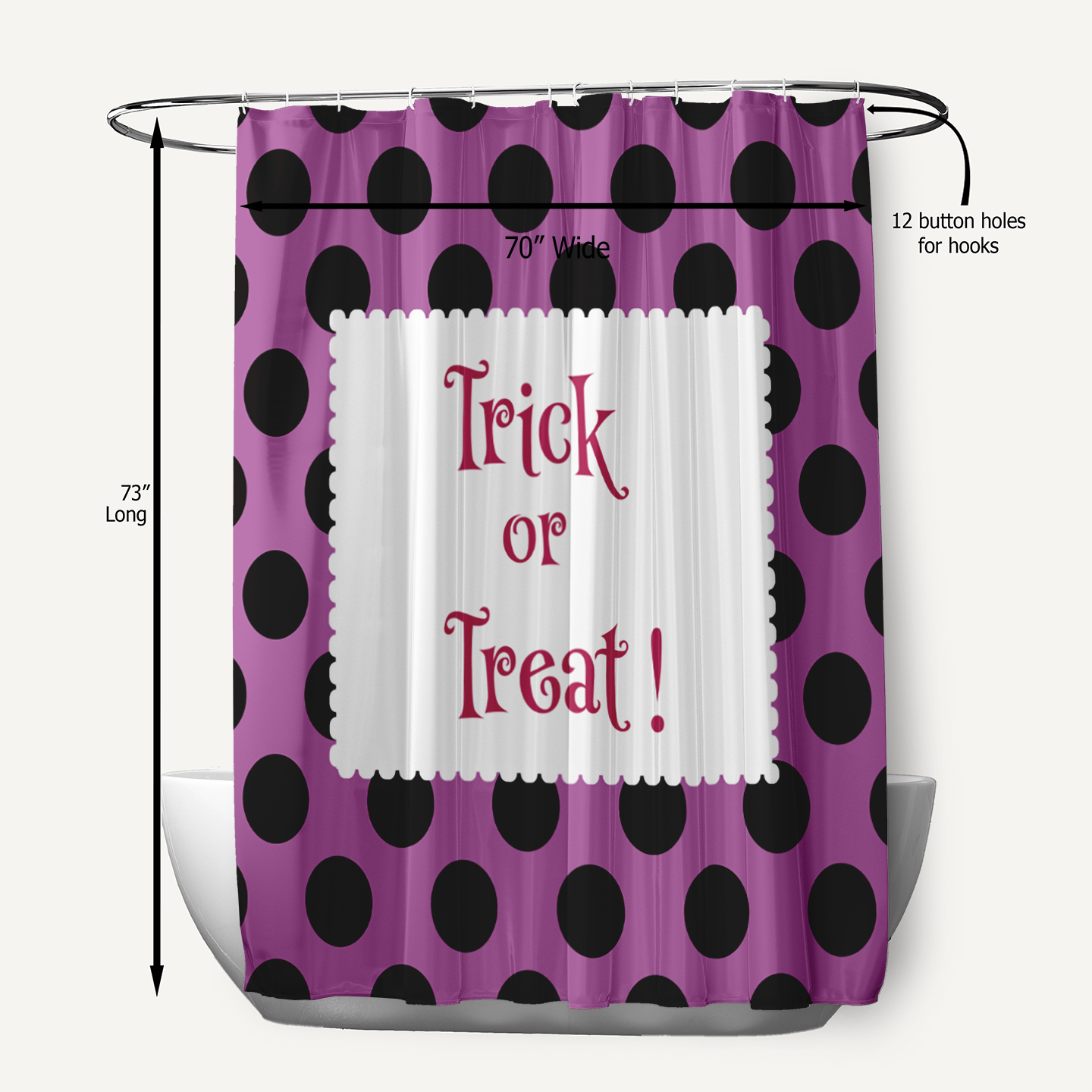 Simply Daisy 70" W x 73" L Halloween Trick or Treat Dots Polyester Shower Curtain, Orchid [1 Ct]
