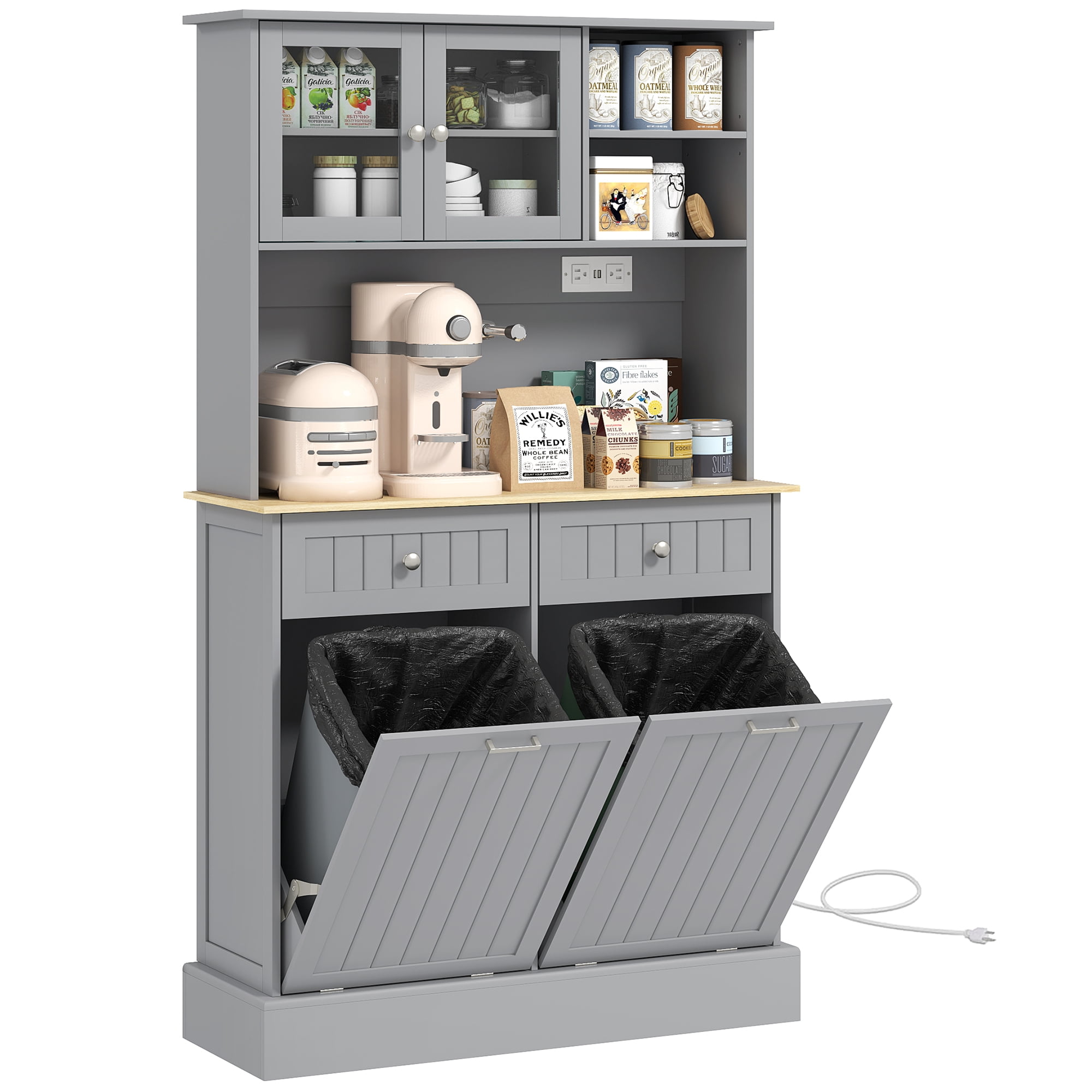 HOMCOM 68" Kitchen Pantry Cabinet with Charging Station, 2 Tilt Out Trash Cabinets and Microwave Stand, Modern Storage Cabinet, Gray