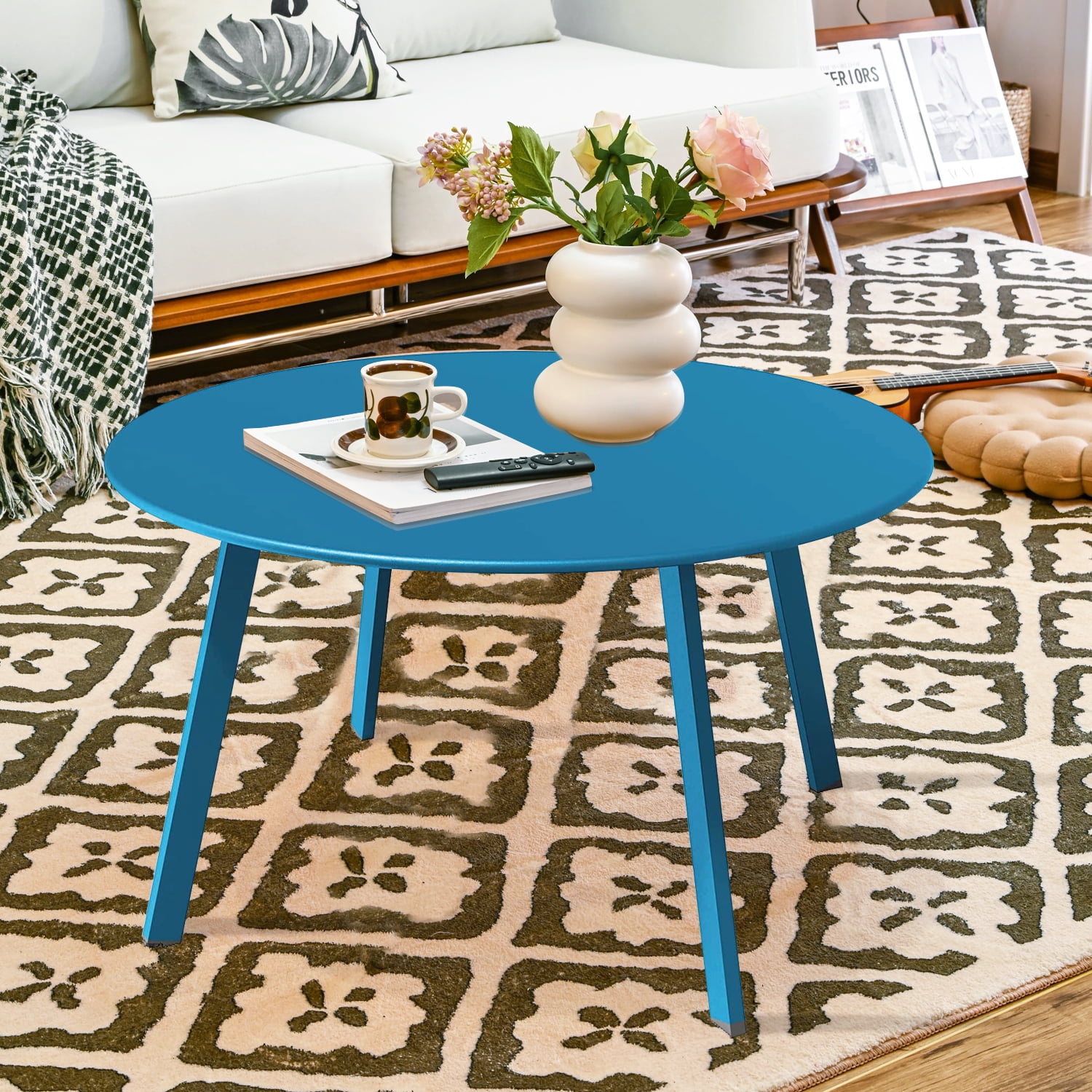 Patio Coffee Table, Round Steel End Table Weather Resistant Outdoor Large Side Table for Garden