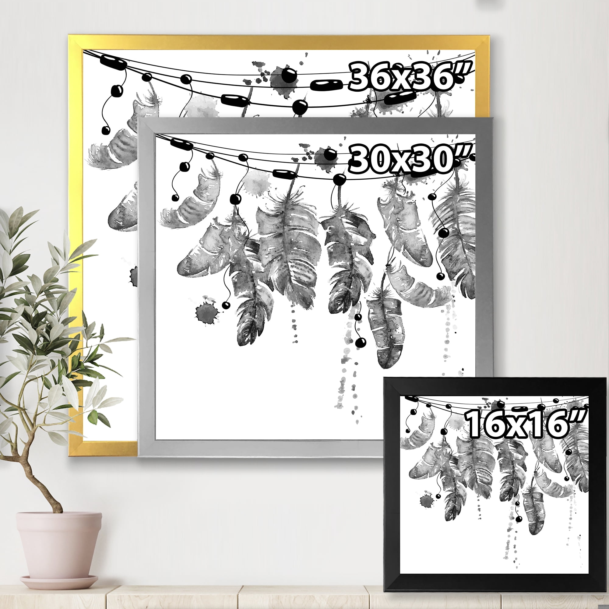 Designart 'Hanging Monochrome Bird Feathers' Bohemian & Eclectic Framed Art Print