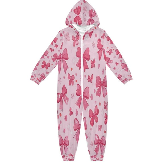 Soft Big Kids Onesie Pajamas Cozy Loose-Fit Jumpsuits for kids with Pockets for Christmas Lounge & Play Pink Cute Bows