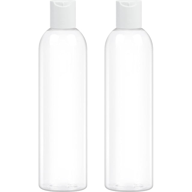 Woeilo 2 Pack 8oz Clear Plastic Bottles with White Disc Caps Refillable Empty Squeeze Containers Cosmetic Bottles for Toiletries Conditioner Shampoo Lotions Gels Clear