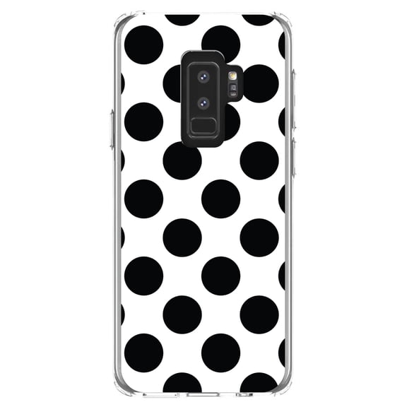 DistinctInk Clear Shockproof Hybrid Case for Samsung Galaxy S9  PLUS (6.2" Screen) - TPU Bumper, Acrylic Back, Tempered Glass Screen Protector - Black & White Polka Dots