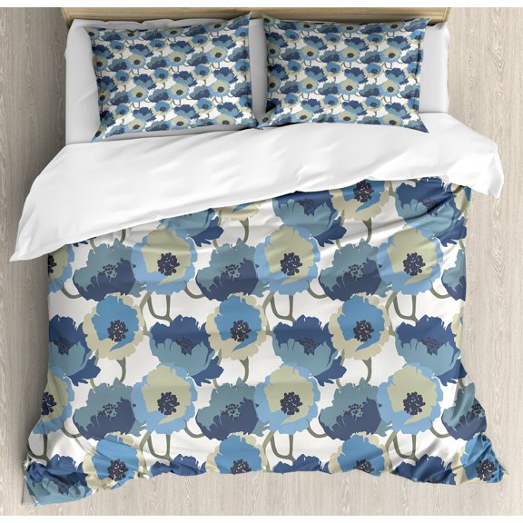 Ambesonne Floral Duvet Cover Set, Ombre Romantic Flowers, Queen, Grey Navy