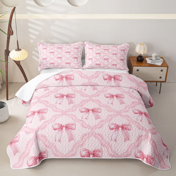 Erosebridal Kawaii Cartoon Bow Twin Quilt Set for Boys Girls, Pink Wateroclor Ribbon Twin Coverlet Set, 2-Piece