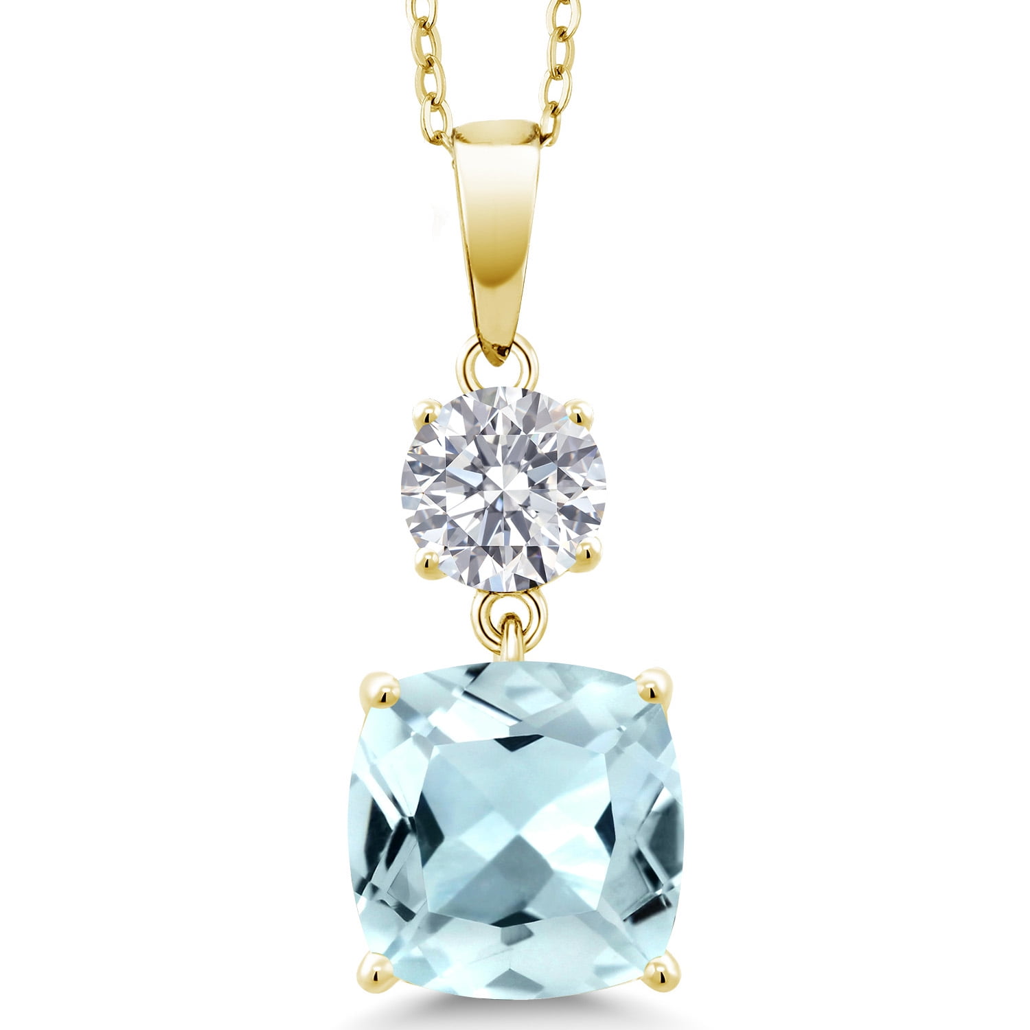 Gem Stone King 18K Yellow Gold Plated Silver Sky Blue Simulated Aquamarine and Lab Grown Diamond Pendant for Women | 4.54 Cttw | Gemstone March Birthstone | Cushion 10MM