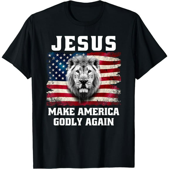 Jesus Make America Godly Again Christian Faith USA Flag Lion T-Shirt,Black