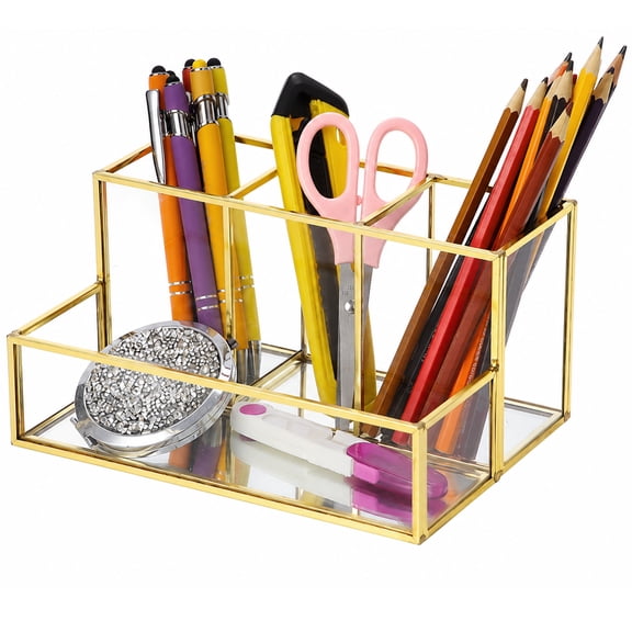 Golden Pen Holder for Desk, 4-Compartment Desk Pencil Organizer, Transparent Glass Stationery Holder, Storage Box for Office Supplies and Small Items Storage
