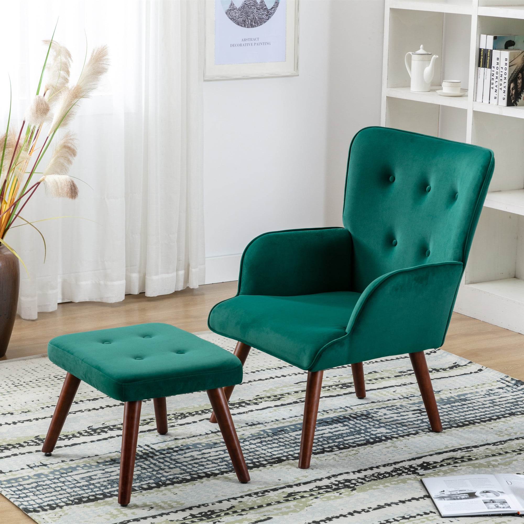 Lounge Chair Muted Fabric Contour Chair Set with Ottoman for Indoor Home and Living Room Assemble Easily Green