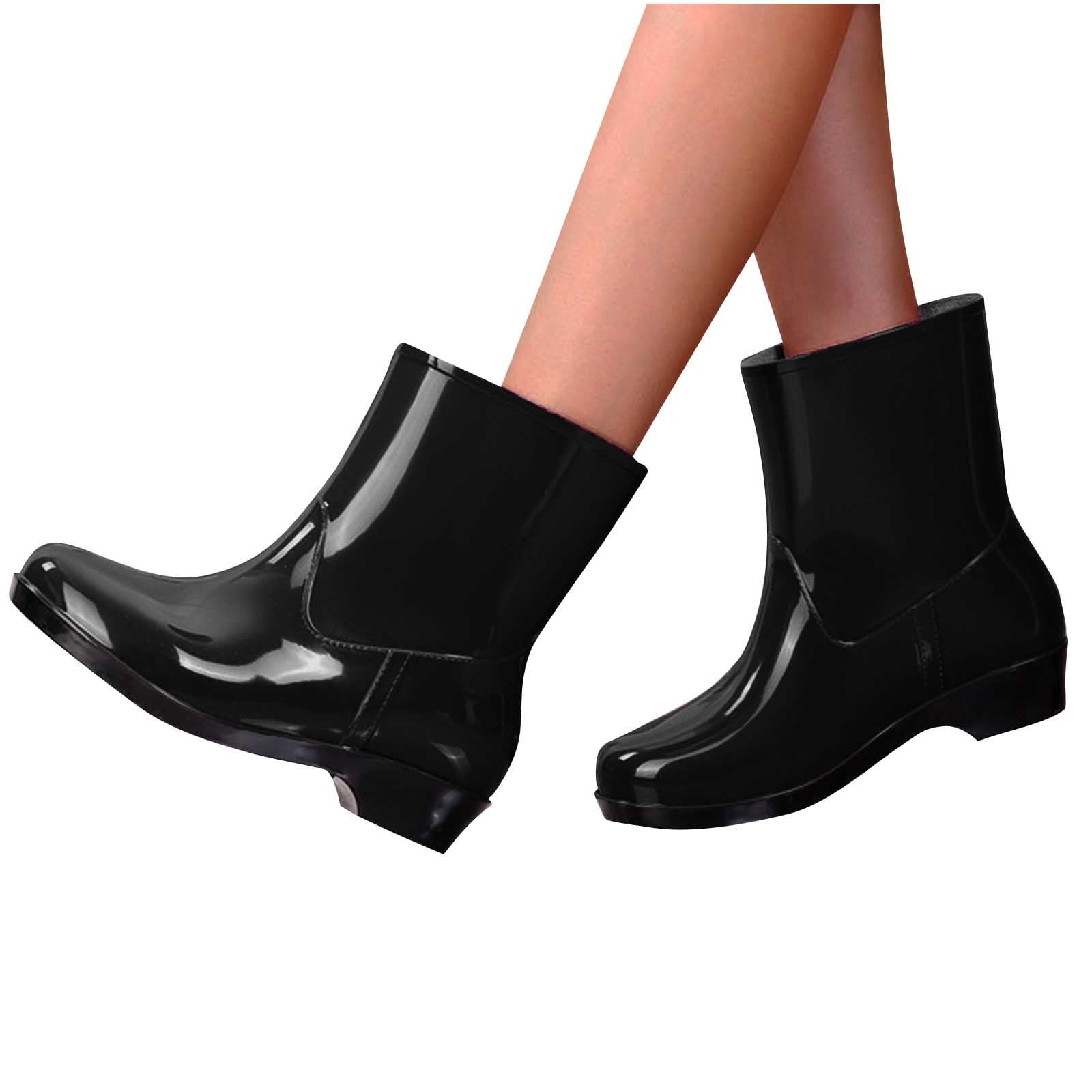 SuTry Women's Mid-Calf Waterproof Rain Boots Glossy PVC Wellies with Non-Slip Sole Low Heel Casual Water Shoes for Spring Summer Work Outdoor Use