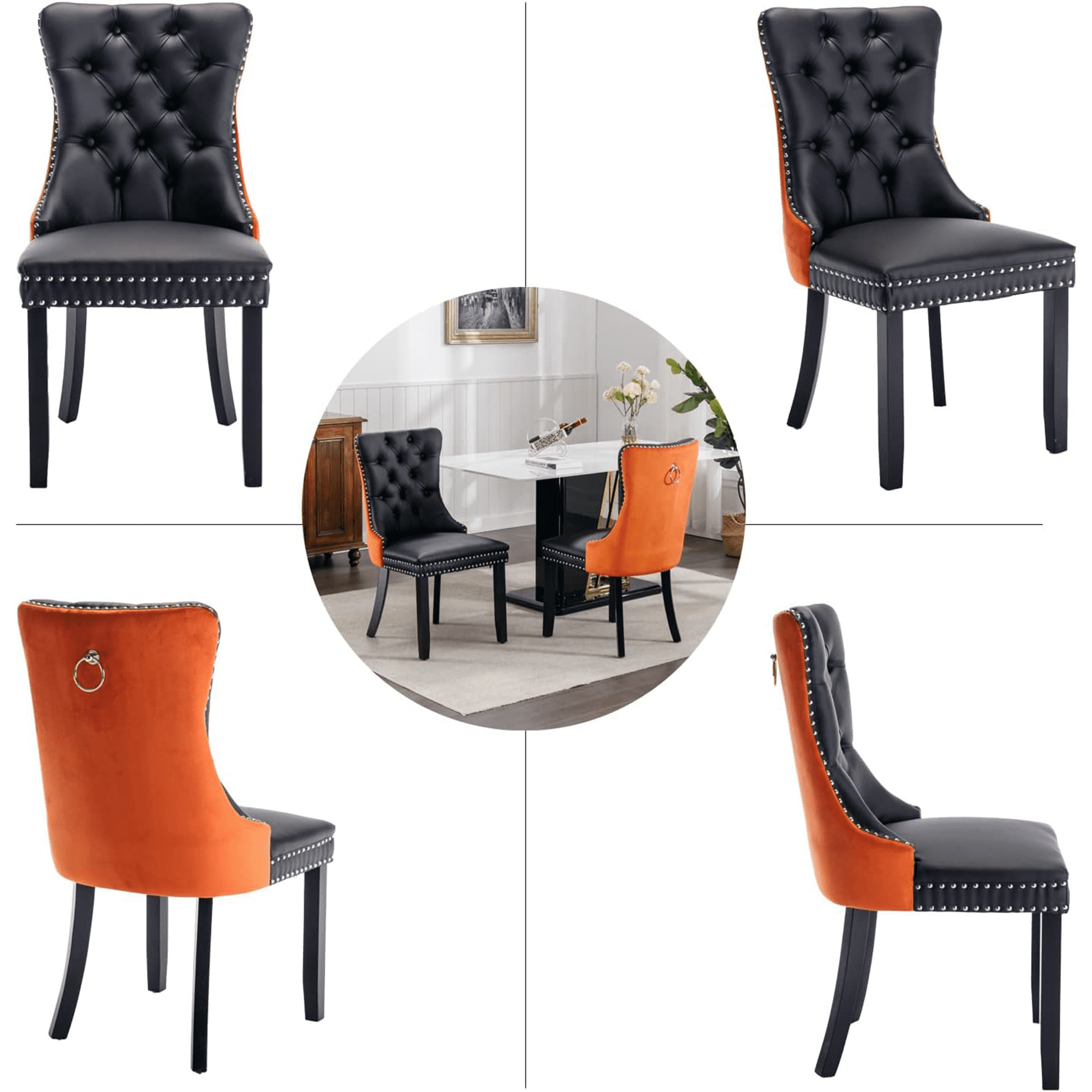 PORKISS Dining Chairs Set of 2, Modern Wood and PU Dining Chairs with Back Ring and Nailhead Trim, Upholstered Tufted Velvet Chair with Wood Legs for Dining Room, Kitchen, Black/Orange