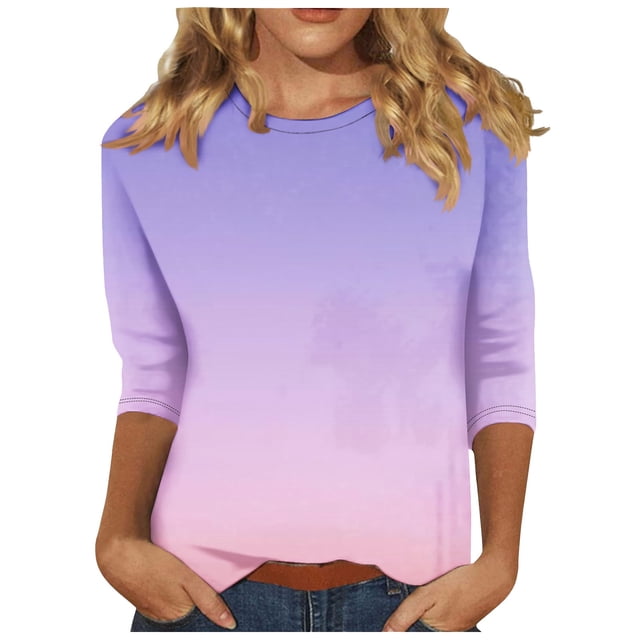 Plebaso Hauts à Manches 3/4 pour Femmes Col Rond Dégradé Chemises Imprimées Décontractées Blouses P-5TG