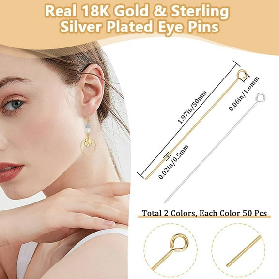 1Box 100Pcs Eye Pins 18K Gold&925 Sterling Silver Plated Open Flat Head Bendable Eye Pins 50mm for Jewelry Making Beading Earring Bracelet Necklace