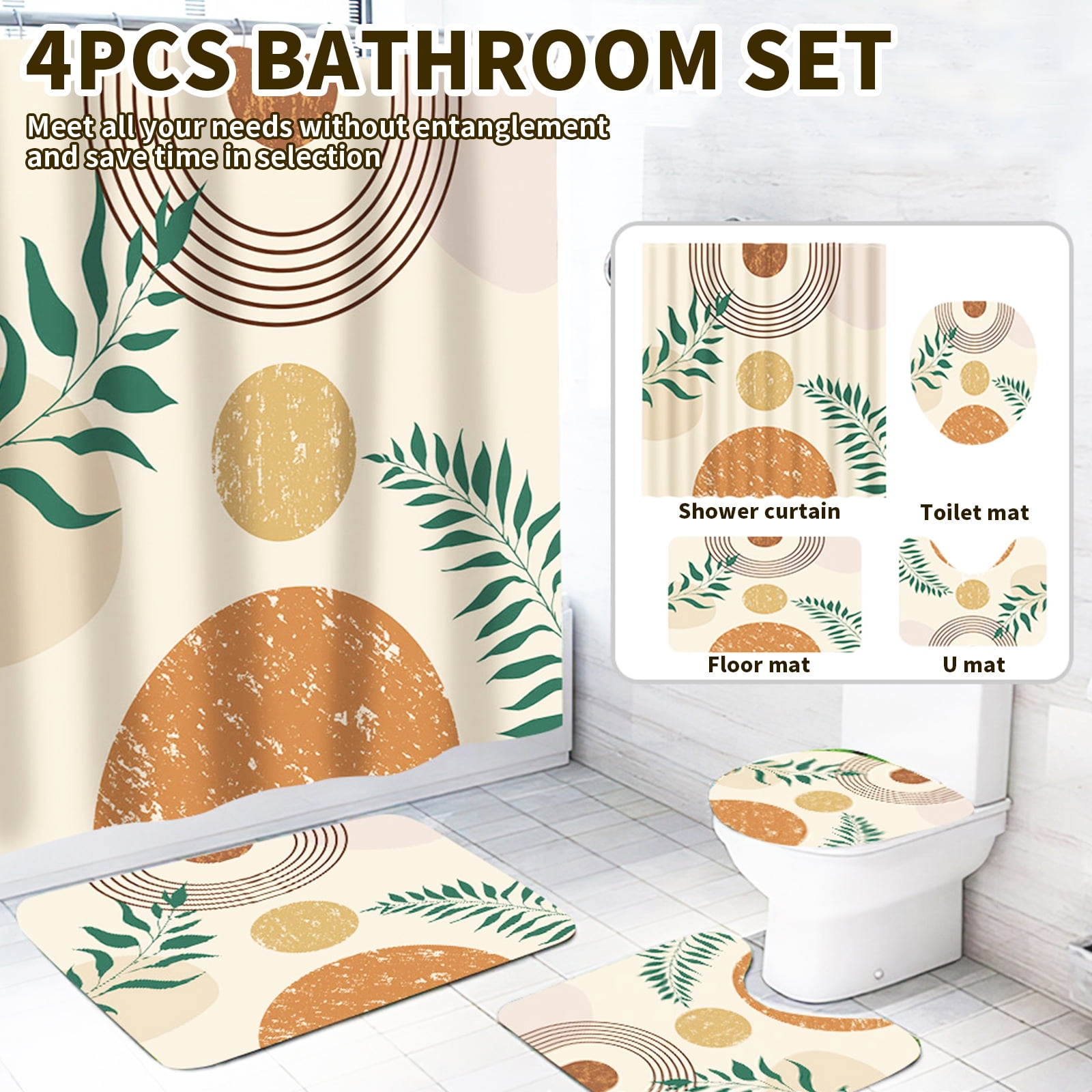 Dznils Abstract Boho Fabric Shower Curtain and Rug Sets, 16pc Modern Bathroom Sets, Beige, 72" x 72"