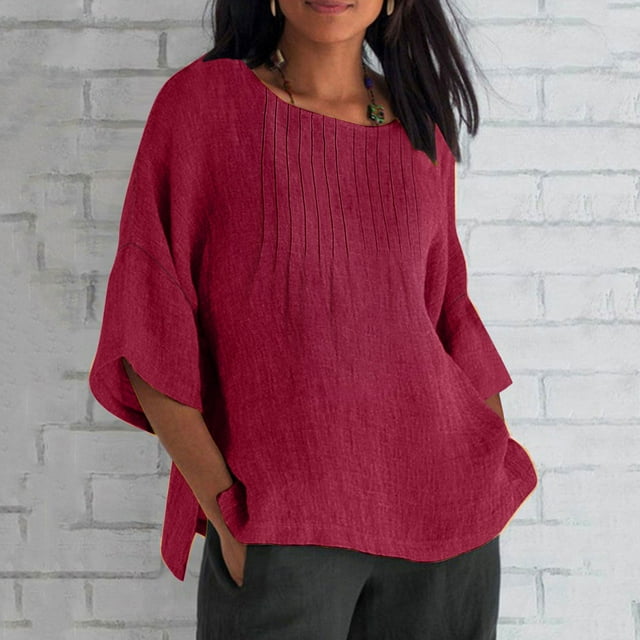 mfyjkho Tops Y Blusas Para Mujer, Blusa Holgada De Verano Para Mujer, Con Mangas 3/4, Plisada Y Cuello Redondo, De Imitación De Lino Tops De Gimnasio Para Mujer Xxxxxl