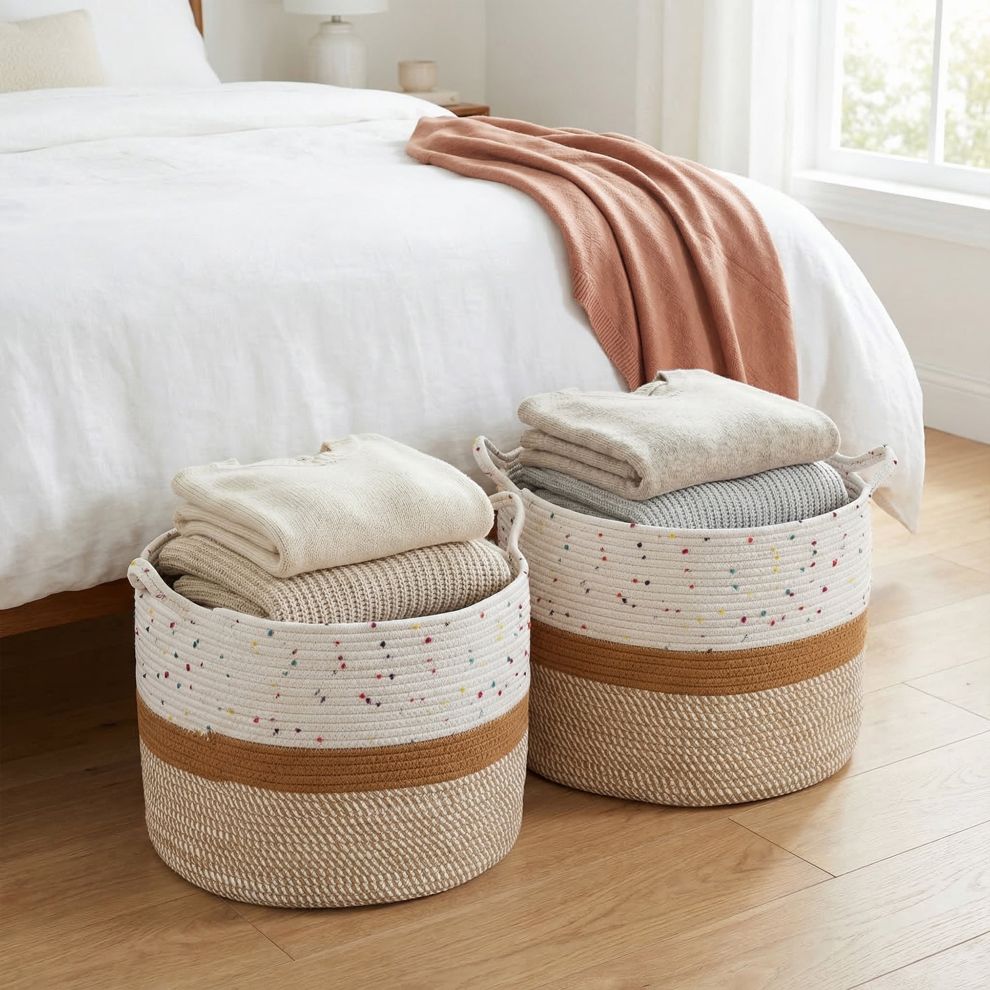 Unique Bargains Multiple Use Woven Storage Bin for Home White Brown 17.7*17.7*12.6in