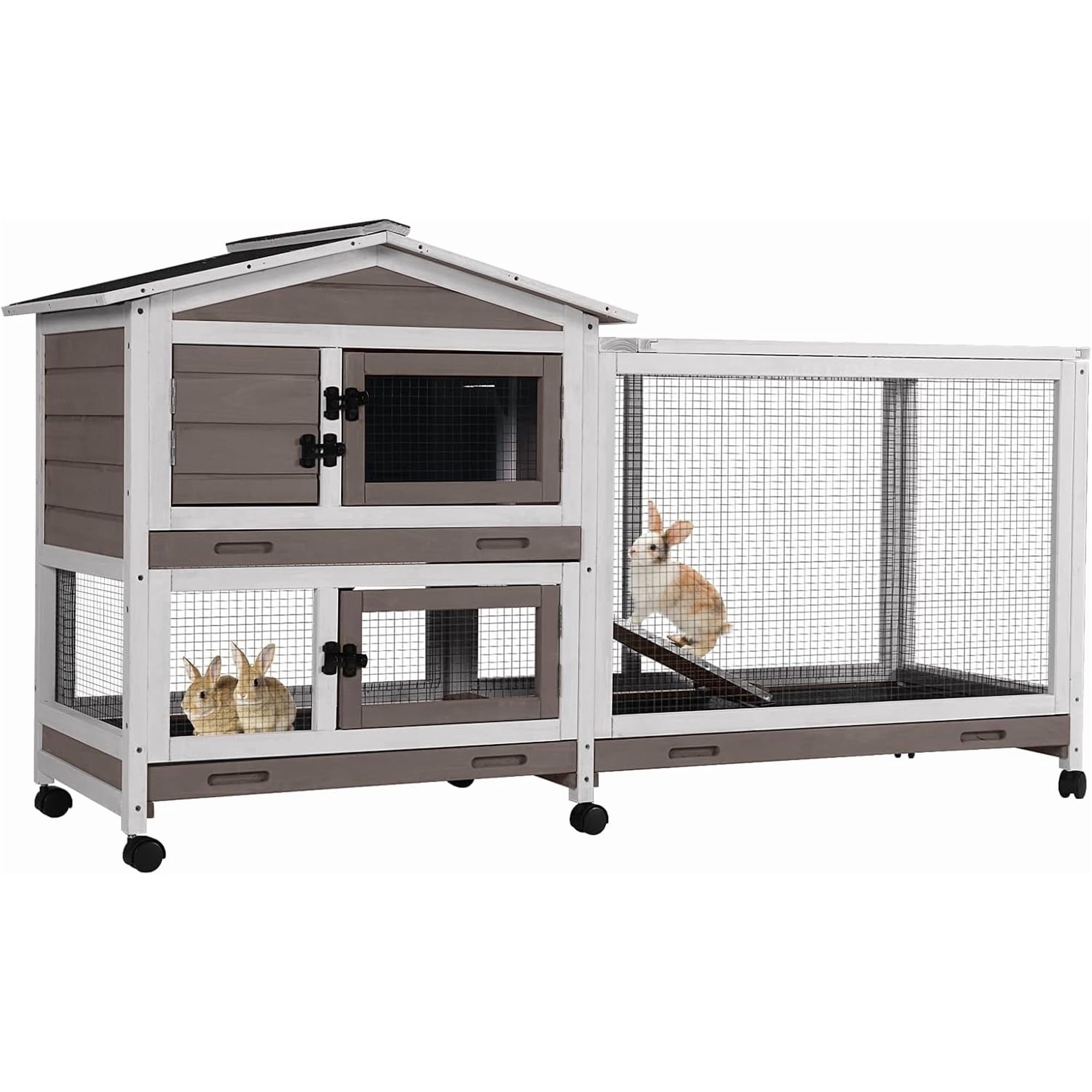 MEDEHOO 62" Rabbit Hutch with Chew-Proof Ramp & Waterproof Roof - Indoor/Outdoor Bunny Cage, 2-Story Design, 6 Lockable Caster Wheels & Dual Pull-Out Trays (White Brown)