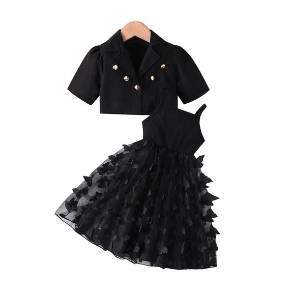 SUCS Girls Skirt Set Short Suit Jacket Butterfly Mesh Suspender Long Skirt Two-piece Party Gift