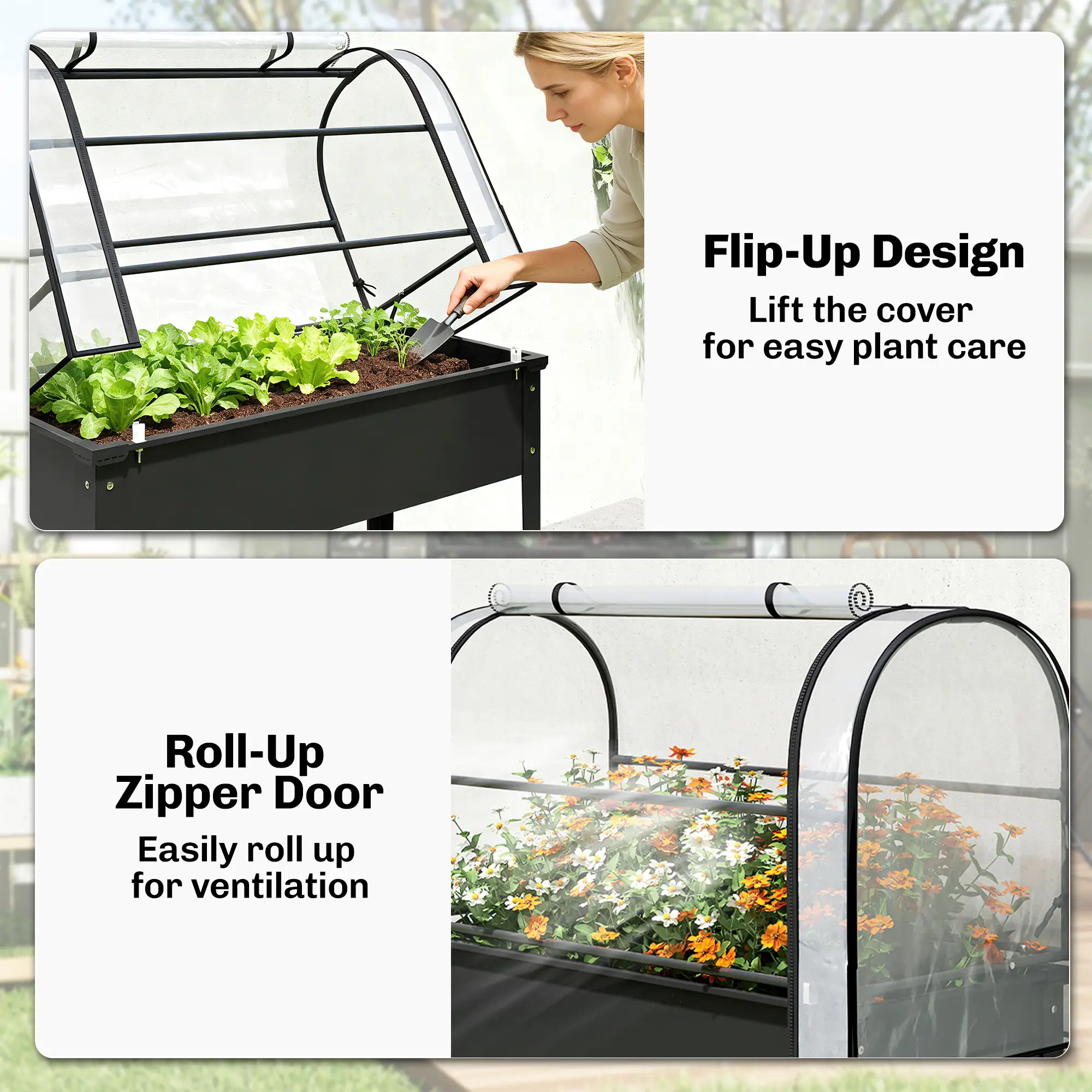 2-in-1 Raised Garden Bed with Mini Greenhouse Cover, Elevated Planter Box with Flip-Up Zippered Door, 0.6mm Rustproof Metal, Drainage Hole, 176lbs Capacity for Outdoor Plants