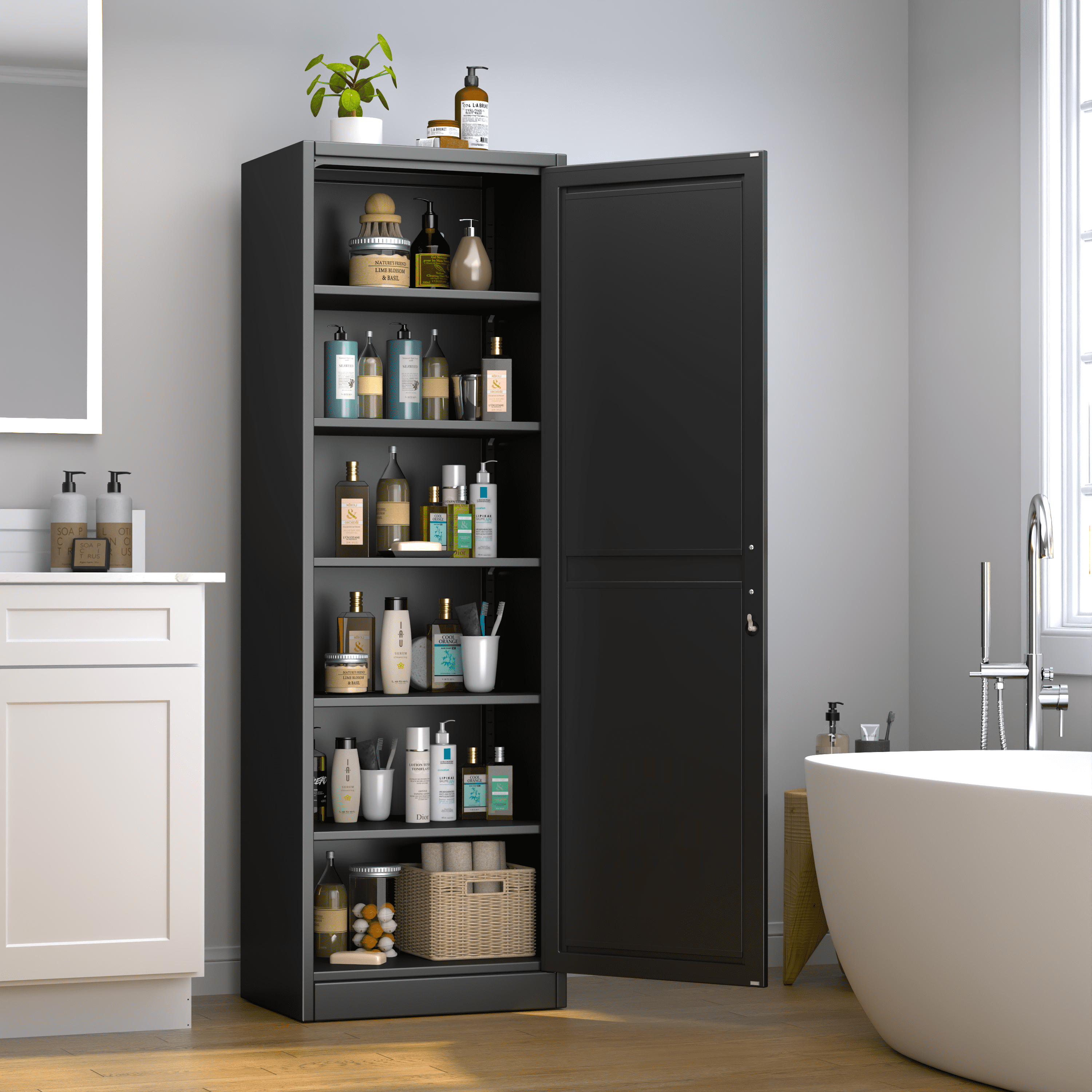 Ero 67" Metal Storage Cabinet with Lock, Tall Narrow Office File Cabinets with 1 Door & 5 Adjustable Shelves