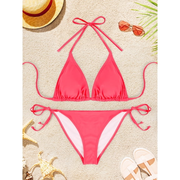2Pcs Pure Color Women's Bikini Set Sexy Halter Side Lace-up Beachwear 2025 New Summer Swimwear Adjustable Female Bathing Suits