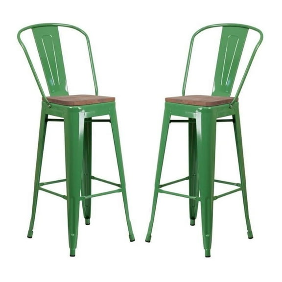 Home Square 30" Metal Bar Stool in Green and Wood Grain - Set of 2