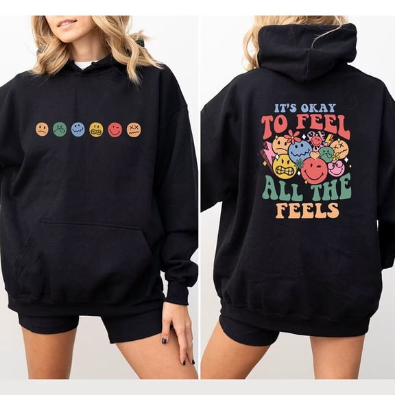 Emotional Mental Health Awareness Tops for Women Its Okay To Feel All The Feels Graphic Sweatshirts Long Sleeve Hoodie Casual Pullover for Daily Outfits Black,L