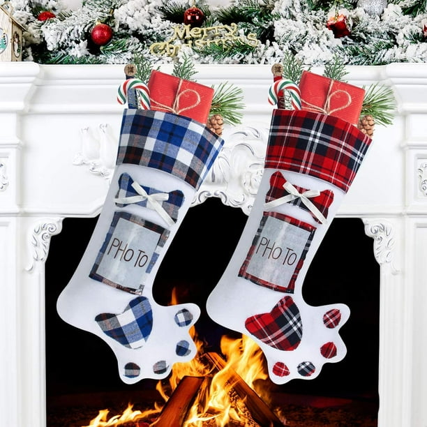 Medias navideñas para mascotas, 18.0 in de gran pata a cuadros con almacenamiento de fotos para perros, gatos, medias navideñas, decoraciones navideñas, decoración de temporada navideña familiar, jueg
