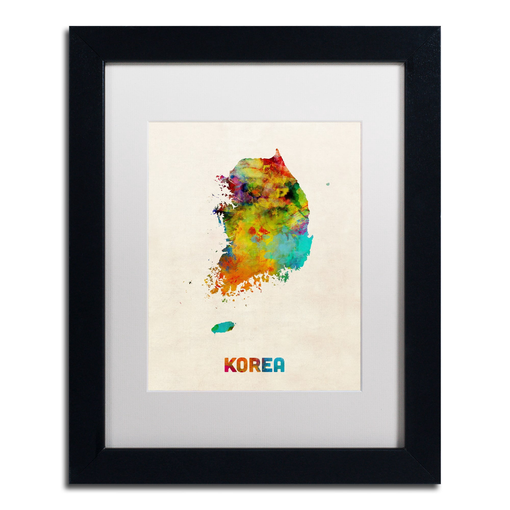 Trademark Fine Art ''Korea Watercolor Map'' by Michael Tompsett 16" x 20" White Matted Black Frame