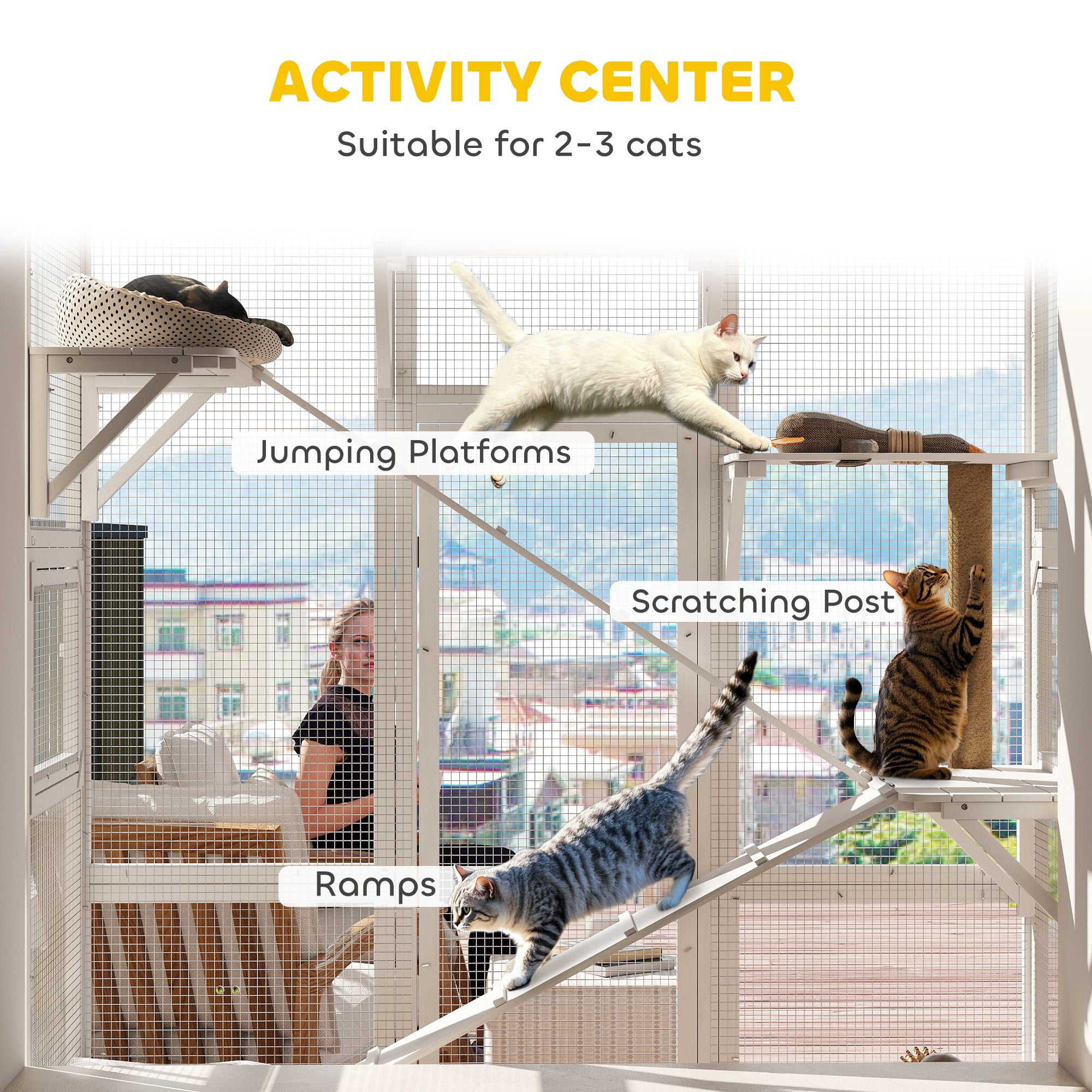 Dranite Wooden Cat House Outdoor, Catio with 2 Ramps & Jumping Platforms, for 2-3 Small Cats
