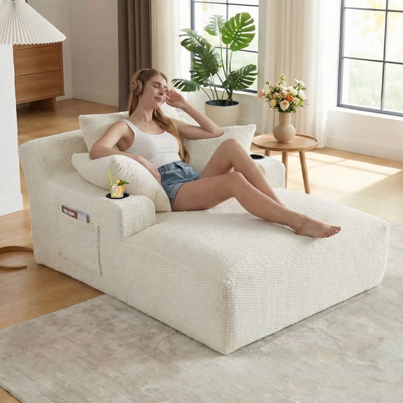 Kosynda 66"D Oversized Chaise Lounge Chair Indoor with Cup Holder and Side Bags, Faux Fur Sleep Sofa Couch for Living Room, Office, White