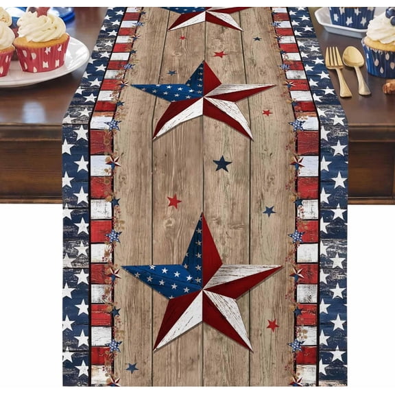 American Patriotic Star Table Runner, Cotton Linen Table Cloth, 250 Anniversary USA Flag Wood Grain Tablerunner for Kitchen Dining Party Wedding Home Decor 13x120 Inch
