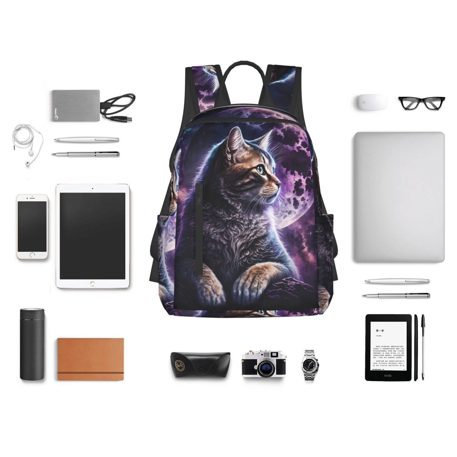 Hirioo Purple Moon Cat for Lightweight Backpack, Durable and Comfortable, Ideal for Travel, School, Hiking, and Everyday Use