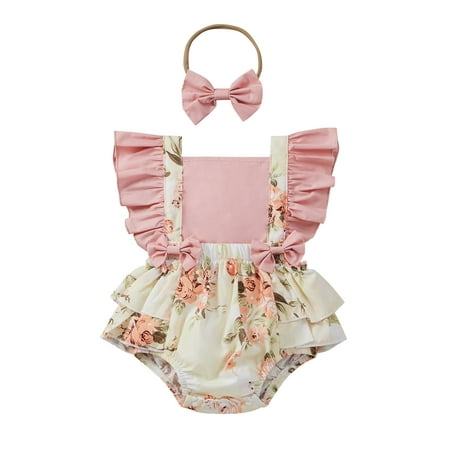 

Infant Baby Girl Summer Outfit Set Ruffle Sleeve Ribbed Knit T-Shirt Floral Suspender Shorts Headband 3Pcs Summer Outfit Set