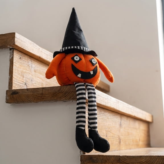 Halloween Plush Pumpkin Doll with Long Legs, Handmade Spooky Plush Pumpkin Figurines with Witch Hat Charming Plush Decoration Evil Ghost Dolls Horror Hallowween Home Decor Figurines