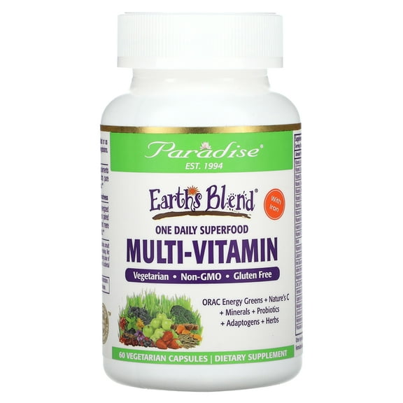 Paradise Herbs Earth's Blend, One Daily Superfood Multi-Vitamin with Iron, 60 Vegetarian Capsules